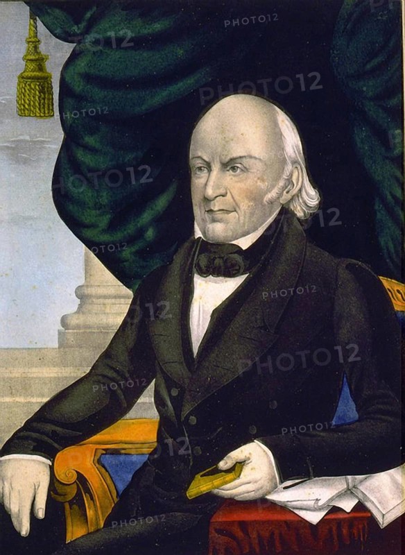 John Quincy Adams (1767-1848), American diplomat and sixth President of the United States of America 1825-1829. Half-length portrait of Adams sitting and holding a small book. Hand-coloured lithograph, ca. 1848
