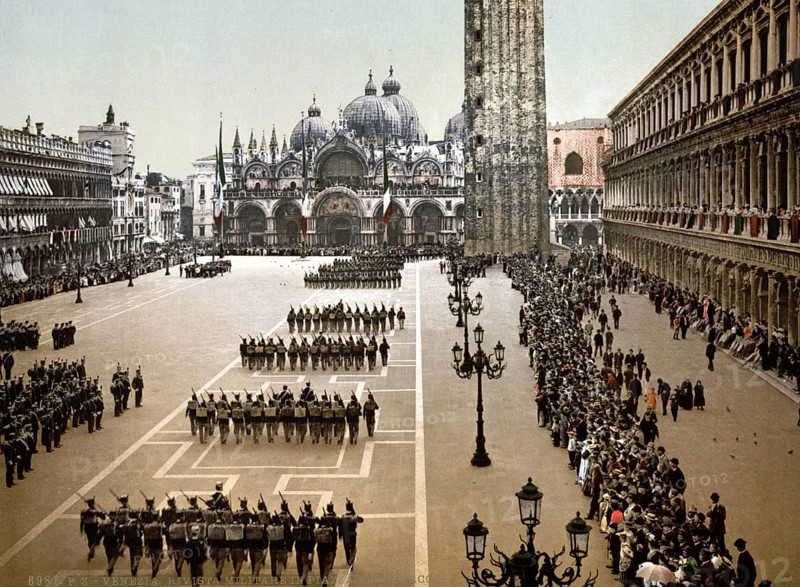 Military parade on St Mark's Place, Venice, Italy, Historic, digitally restored reproduction from a 19th century original, Record date not stated, Military review in St Mark's Place, Venice, Italy, Historic, digitally restored reproduction from a 19th century original, Record date not stated, Europe