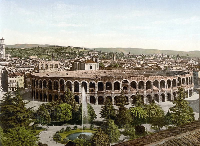 The Arena, Verona, Italy, Historic, digitally restored reproduction from a 19th century original, Record date not stated, The Arena, Italy, Historic, digitally restored reproduction from a 19th century original, Record date not stated, Europe