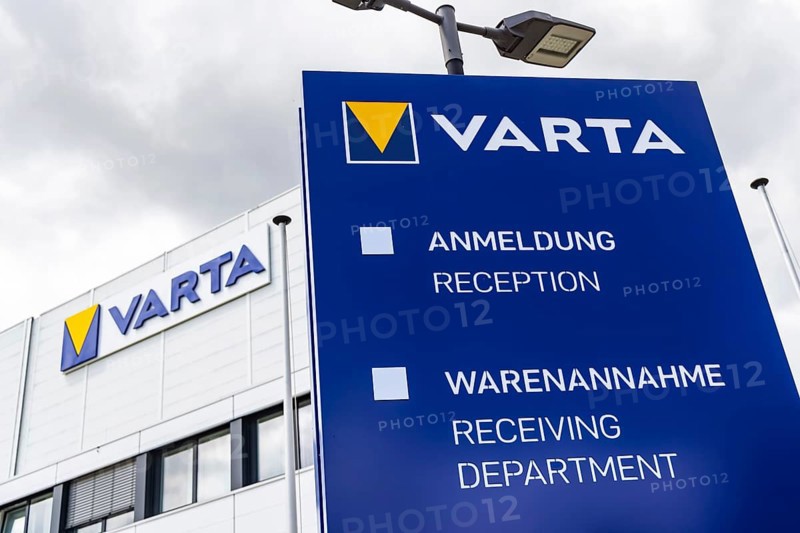 Varta, plant for the production of batteries, electromobility. Logo on the factory building. Ellwangen, Baden-Württemberg, Germany, Europe