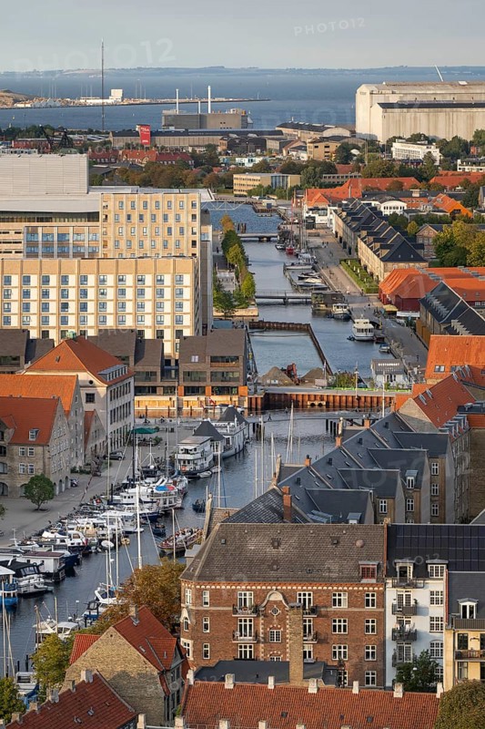 View from the Vor Frelsers Kirke to the Christianshavn Canal and Christianshavn neighbourhood, Copenhagen, Denmark, Europe