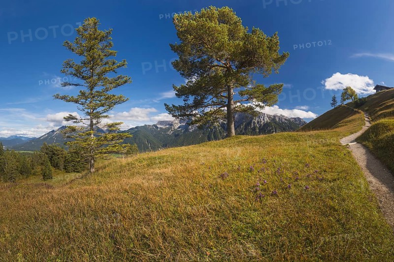 Panorama from Hoher Kranzberg, 1397m to the cloudy Karwendel Mountains, Werdenfelser Land, Upper Bavaria, Bavaria, Germany, Europe