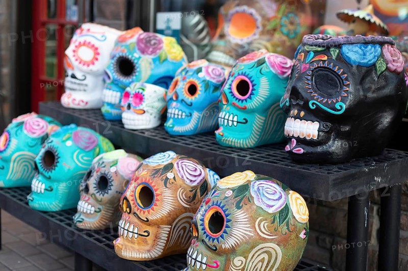 Detroit, Michigan - Day of the Dead skulls on sale outside Xochi's in the Mexicantown neighborhood, marked down a week after the holiday.