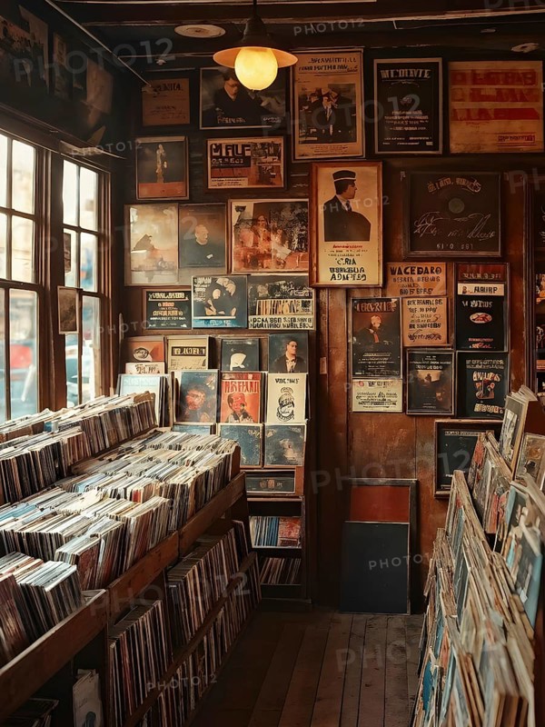 Vintage record store with dusty vinyl albums in wooden crates, old band posters on the walls, and soft, muted lighting, AI generated