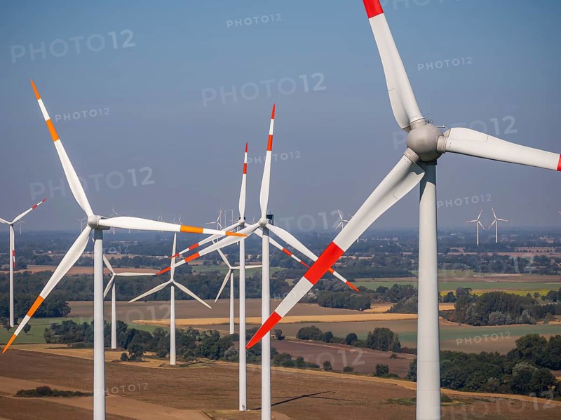 Wind farm near Anklam, drone photo of wind turbines, Sarnow, Mecklenburg-Western Pomerania, Germany, Europe