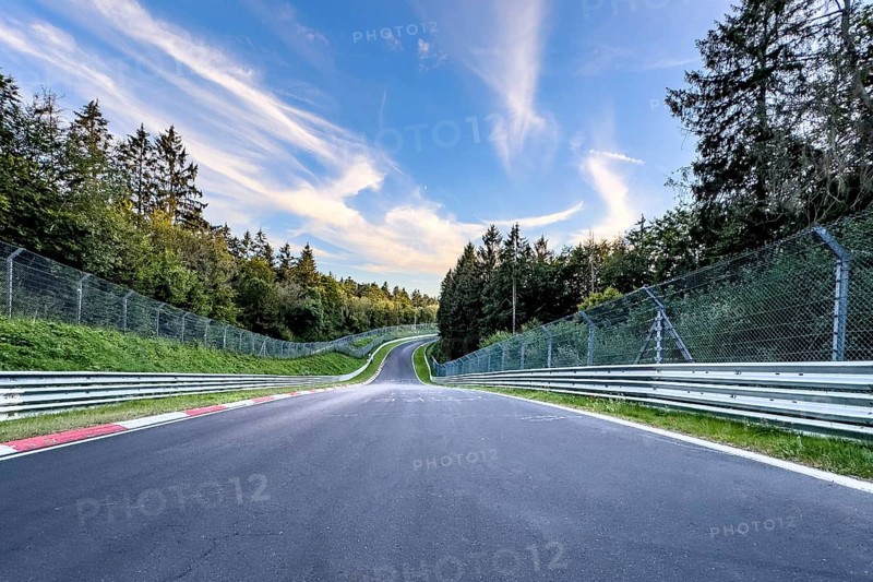 View from a racing driver's perspective of the Pflanzgarten II section of the track with steep gradient on the international official race track for motorsport Nürburgring race track Nordschleife Green Hell Green Hell former historic Formula 1 track originally country roads in low mountain range Eifel, Nürburg, Rhineland-Palatinate, Germany, Europe