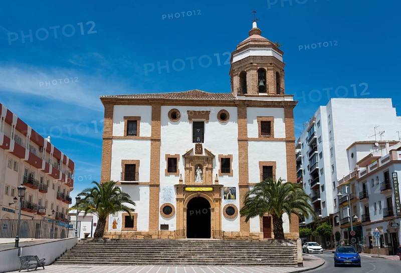 Large church with palm trees in the foreground, surrounded by urban buildings under a bright sky, Iglesia de Nuestra Señora de la Merced, Church of Our Lady of Mercy, Ronda, Malaga, Province of Málaga, Andalusia, Spain, Europe