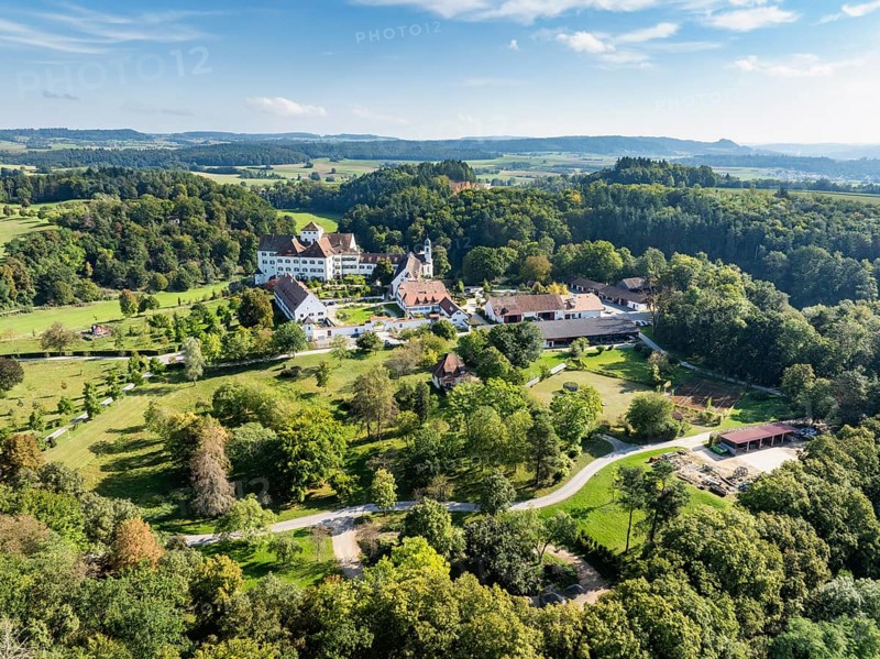 Aerial view of Langenstein Castle near Eigeltingen with surrounding golf course, Hegau, district of Constance, Baden-Württemberg, Germany, Europe