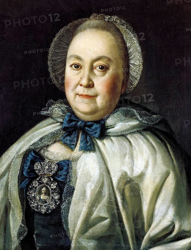 Portrait of Mariya Andreevna Rumyanceva, 1764, oil on canvas. Alexei Petrovich Antropov (1716-1795) Russian painter. Head and shoulders frontal woman jewelled diamond cap cape bonnet ribbon blush