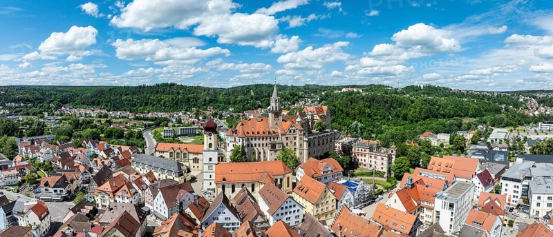 Aerial view, panorama of the town of Sigmaringen with the Hohenzollern castle above the old town, district of Sigmaringen, Swabian Alb, Baden-Württemberg, Germany, Europe