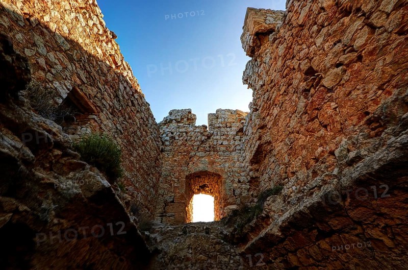 HDR, Interior view of the castle wall with a window-like hole through which sunlight enters, Kritinia Castle, St John's Castle, Kritinia, Rhodes, Dodecanese, Greek Islands, Greece, Europe