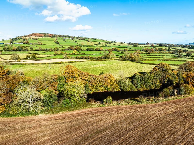 Fields and Farms over River Usk from a drone, Brecon, Brecon Beacons, Powys, Wales, England, United Kingdom, Europe