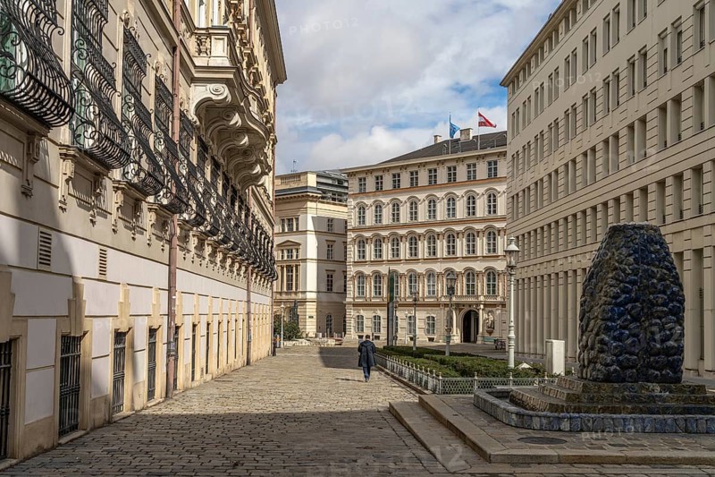 Bruno-Kreisky-Gasse with Lapis Lazuli fountain and the Federal Ministry for European and International Affairs at Minoritenplatz Vienna, Austria, Europe