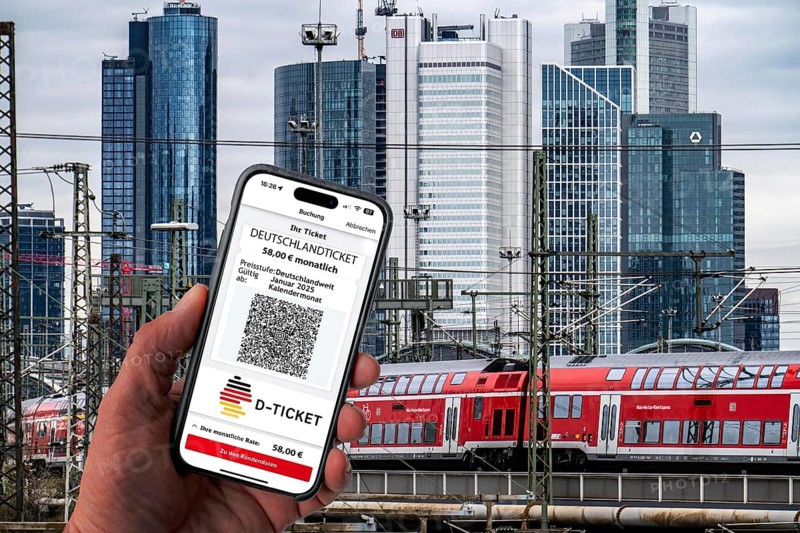 Symbolic image of Deutschlandticket, new from 2025 for 58 euros per month, ticket on mobile phone app, travel on regional transport throughout Germany, for one fare with bus and train