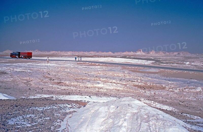 Rotel-Tours coach, tourists, mountains, White Desert, Libyan Desert, Egypt, Africa