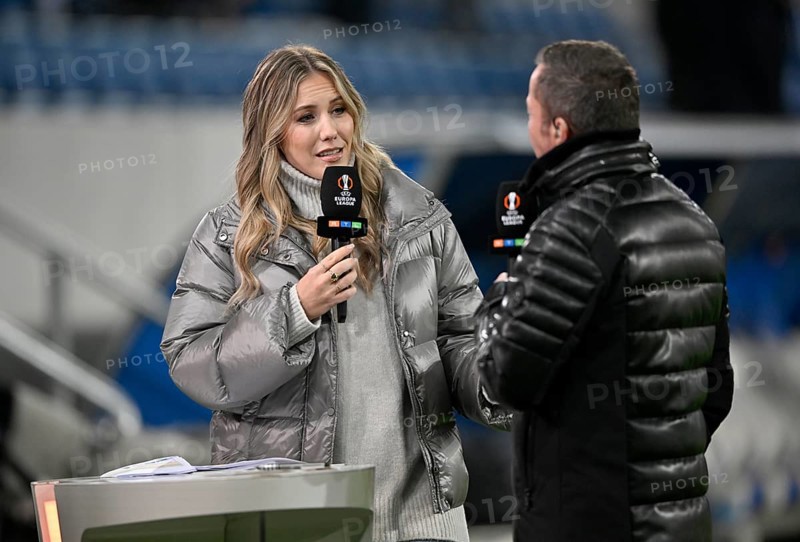 RTL presenter Laura Papendick in an interview, microphone, microphone, logo, with TV expert Lothar Matthäus, Europa League, PreZero Arena, Sinsheim, Baden-Württemberg, Germany, Europe