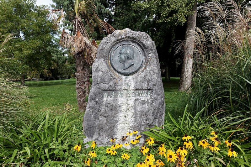 Memorial stone for the Swabian poet Gustav Schwab on the waterfront promenade, Friedrichshafen, Baden-Württemberg, Germany, Europe