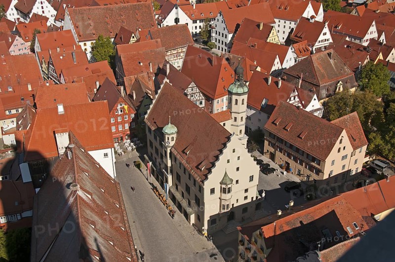 View from the 89.5 metre high tower, the Daniel, Protestant Parish Church of St. George, over the roofs and the town hall of Nördlingen, Donau-Ries, Bavarian Swabia, Bavaria, Germany, Europe