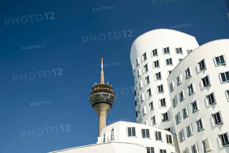 Gehry buildings and television tower, Media Harbour, Neuer Zollhof, Düsseldorf, North Rhine-Westphalia, Germany, Europe