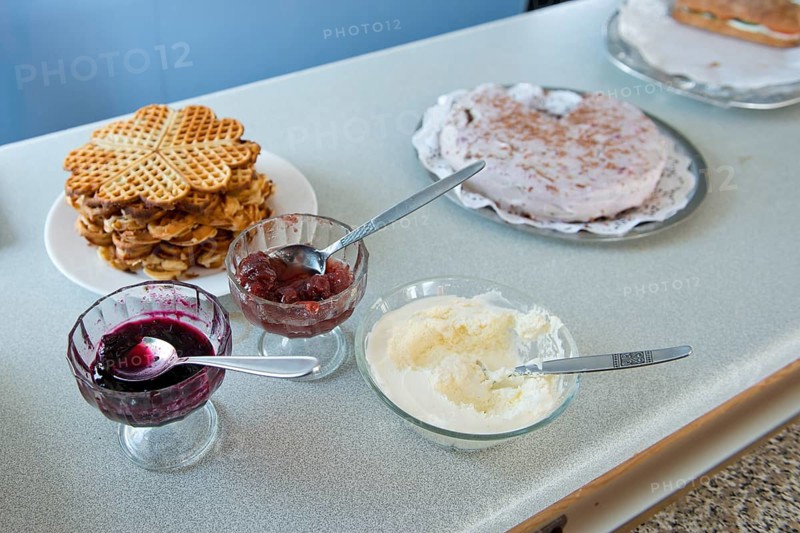 Freshly baked waffles with jam, compote and cream, Mykines, Útoyggjar, Faroe Islands, Denmark, Europe