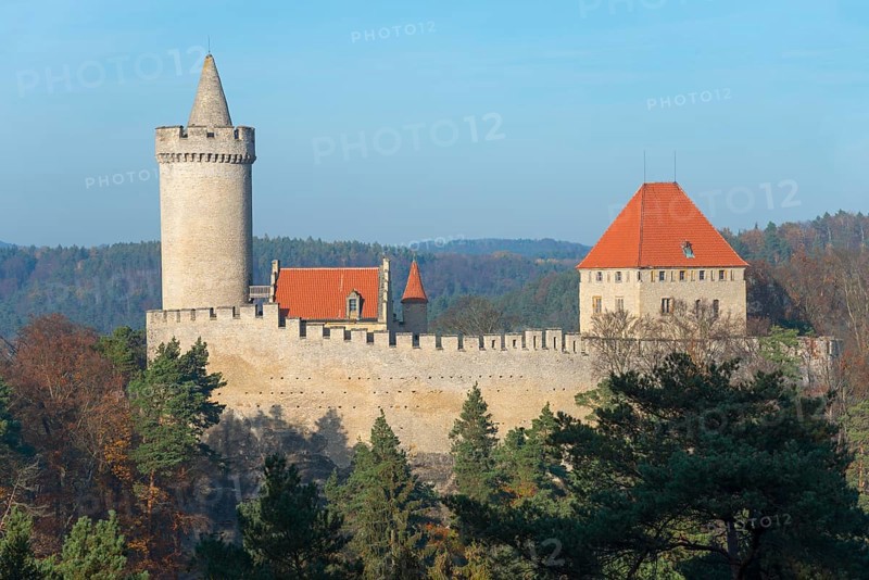 Medieval castle with red roofs on a wooded hill, Kokorin Castle, Kokorínský dul nature reserve, Daubian Switzerland, Okres Melník, Melnik, Central Bohemia, Czech Republic, Europe