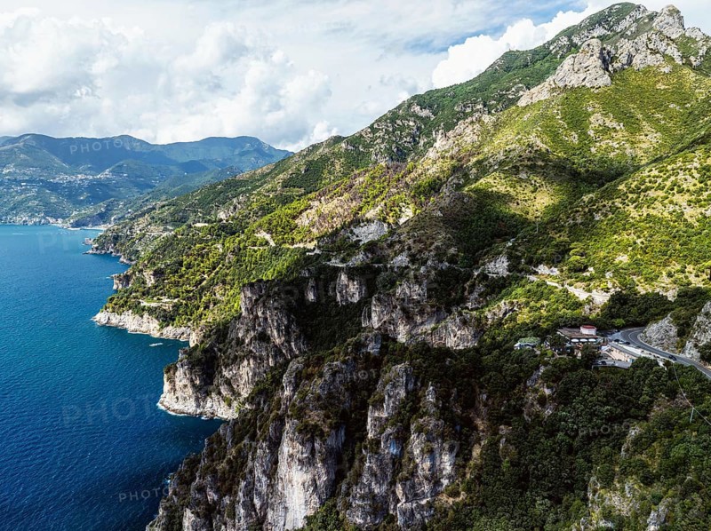 Amalfi Drive from a drone, Amalfi Coast, Maiori, Italy, Europe