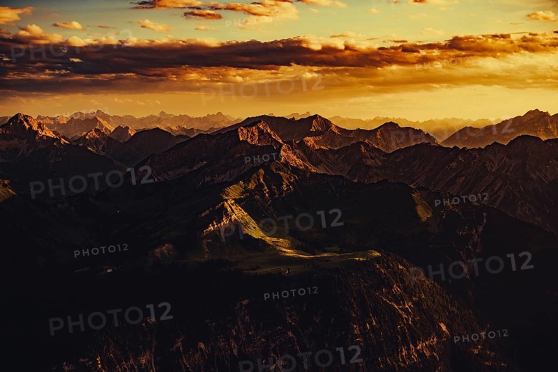 Thaneller summit at sunset in the Lechtal valley in Tyrol with a wonderful view of the surrounding mountains. Tyrol, Austria, Europe