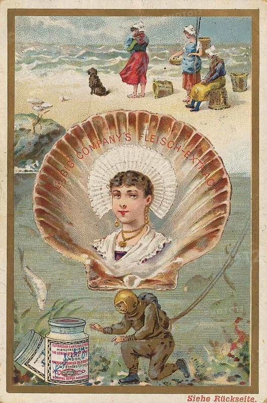 Picture series Situations by the sea, shell, diver, fisherman on the beach, Liebig picture, digitally restored reproduction of a collector's picture from around 1900, public domain, exact date unknown, a diver under a mussel shell with a romantic beach scene in the background