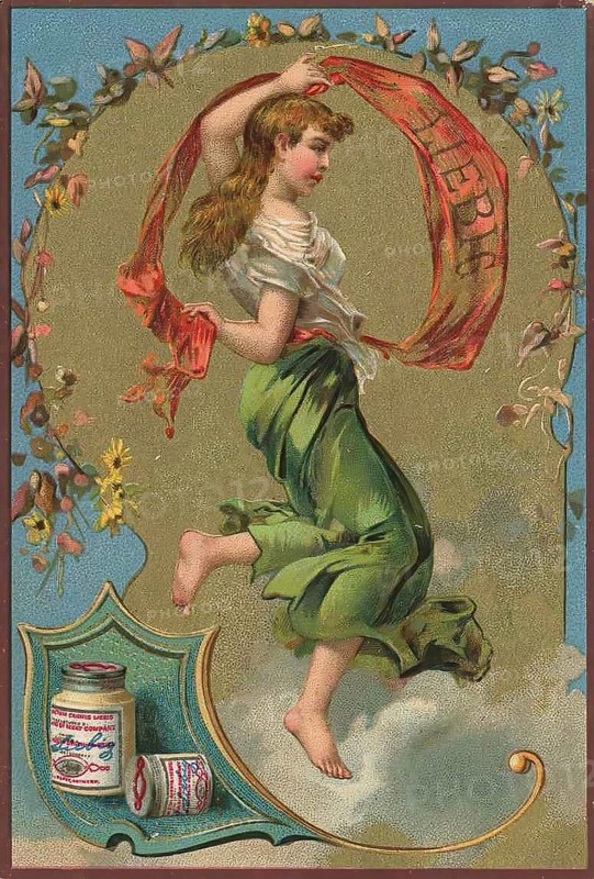 Series of pictures cheerful carefree woman, Liebig picture, digitally restored reproduction of a collector's picture from ca 1900, public domain, exact date unknown, dancing woman with a red veil, surrounded by flower tendrils and clouds