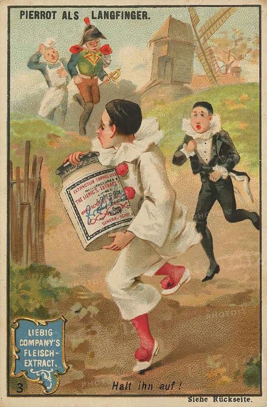 Series Stories of Pierrot, as thief, long finger, carries away the Liebig glass and the people shout Stop him, Liebig picture, digitally restored reproduction of a collector's picture from around 1900, public domain, exact date unknown, Pierrot flees across the meadow with a large glass, pursued by a worried companion