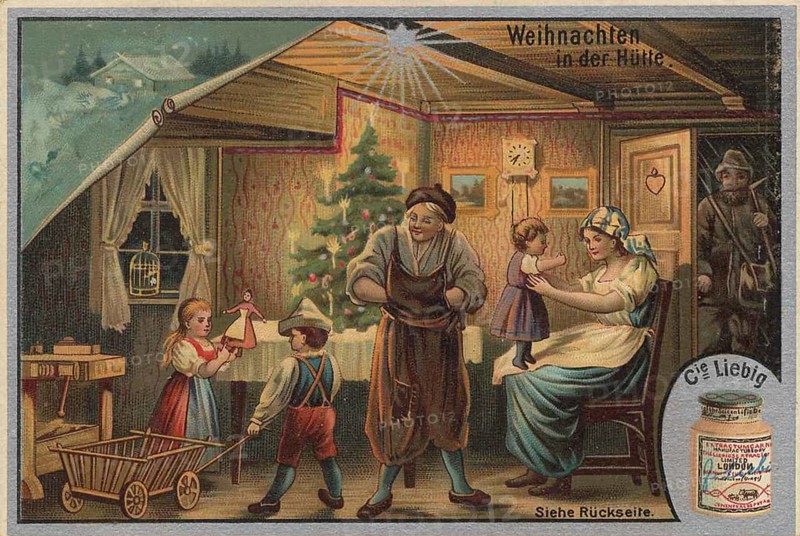 Picture series famous Christmas, in the hut, Liebig picture, digitally restored reproduction of a collector's picture from around 1900, public domain, exact date unknown, family celebrating Christmas in a rural hut with Christmas tree and festive joy