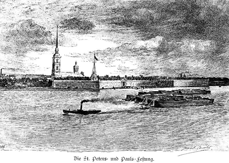 Peter and Paul Fortress on the Neva, St. Petersburg, founded by Tsar Peter the Great, church, smoking steamer, Russia, historical illustration around 1890, Europe