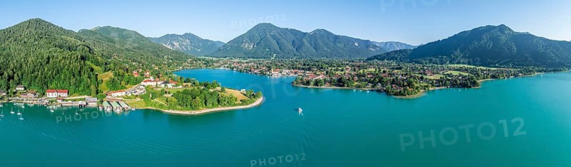 Panorama, Ferry on the lake, Rottach-Egern and Wallberg, Tegernsee, Aerial view, Tegernsee, Bavaria, Germany, Europe