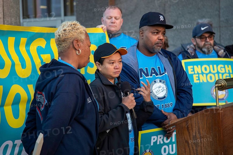 Detroit, Michigan USA, 6 November 2023, Postal workers rally to protest the increasing number of assaults and robberies that letter carriers are facing. Tran Do, a city carrier assistant, tells how she was robbed while on the job. The National Association of Letter Carriers union reports more than 2, 000 assaults on their members since 2020