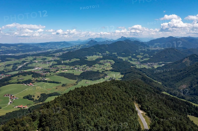 Drone shot, view from Gaisberg to Koppl, Gaisbergstraße, Osterhorngruppe, Flachgau, Land Salzburg, Austria, Europe