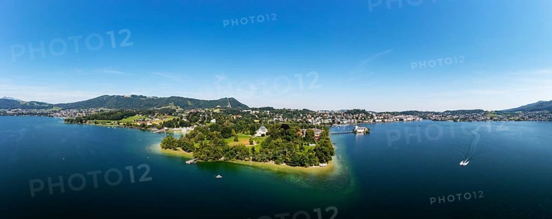 Drone shot, panorama shot, Villa Toscana in Toscana Park with Ort Castle, Gmunden, Altmünster am Lake Traun, Lake Lake Traun, Salzkammergut, Upper Austria, Austria, Europe