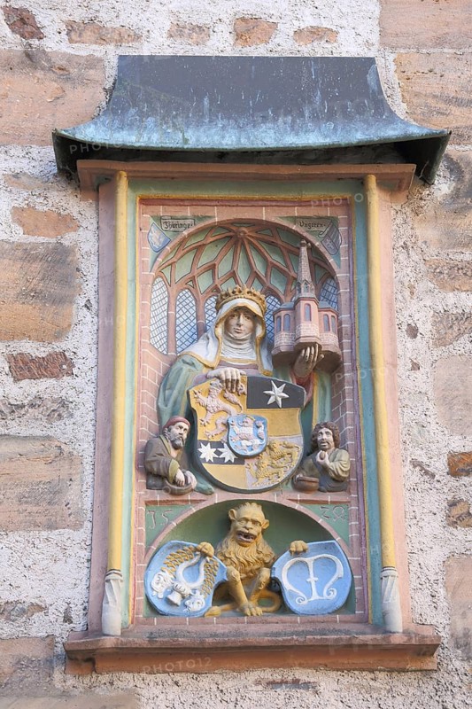 Relief with city coat of arms and figures at the town hall, detail, handicraft, market place, Marburg, Hesse, Germany, Europe