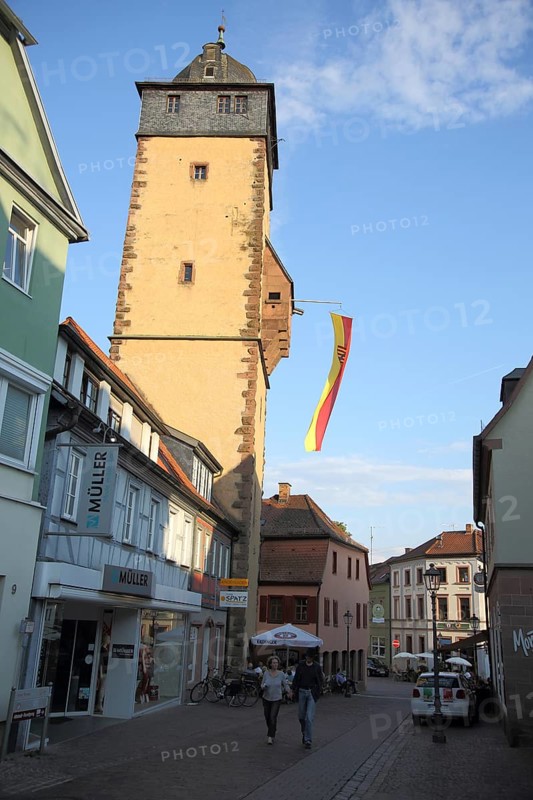 Bavarian tower built 14th century with flag and town coat of arms in Lohr am Main, Lower Franconia, Franconia, Spessart, Bavaria, Germany, Europe