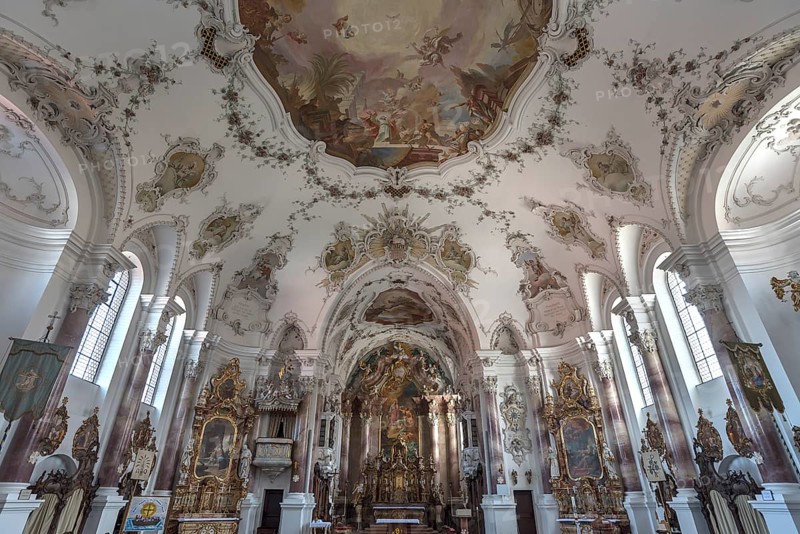Ceiling vault with chancel of the Baroque Church of St. Andrew, Nesselwang, Bavaria, Germany, Europe