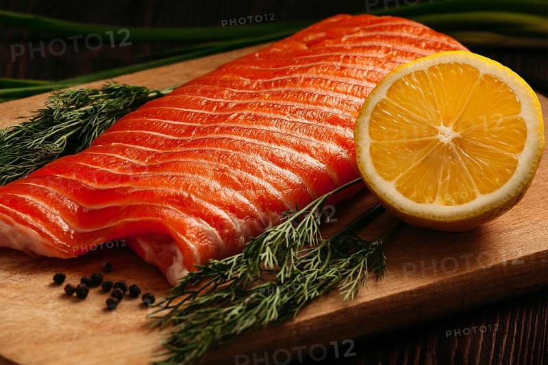 Fresh salmon piece on wooden cooking board with vegetables