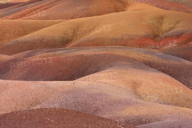 Detail of a landscape with colourful, bright red to orange ground illuminated by the sun, Seven Coloured Earths, Mauritius, Africa