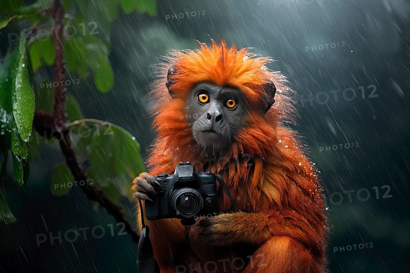 Titi monkey holding a camera under a heavy shower in the rainforest, AI Generated