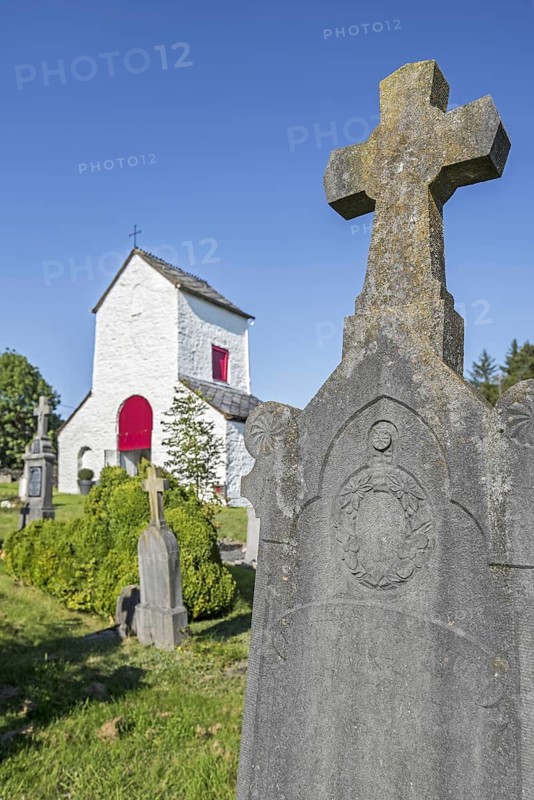 12th century Chapelle Saint-Marguerite and cemetery in the village Ollomont, Houffalize, province of Luxembourg, Belgian Ardennes, Wallonia, Belgium, Europe