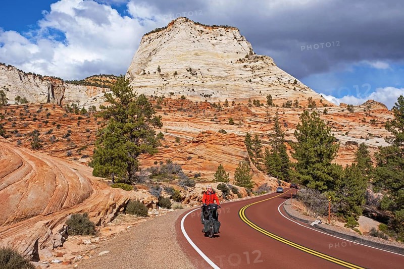 Solitary touring cyclist cycling through the red sandstone mountains of Zion National Park, Utah, United States, USA, North America