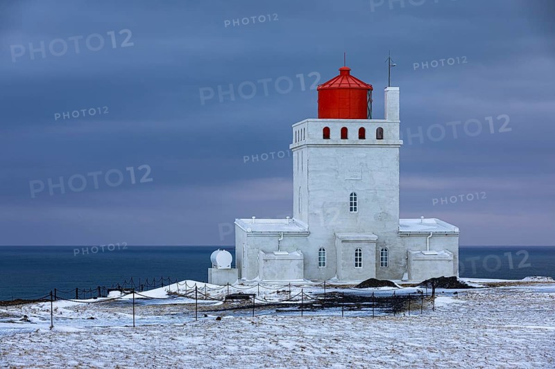 Dyrholaey lighthouse at blue hour, Sudurland, Iceland, Europe