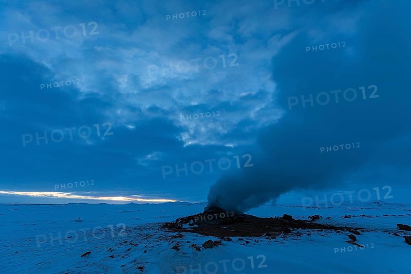 Mud pot with steam source at dawn, Hverir solfatar field, fumaroles, snow-covered geothermal area, Northern Iceland Eyestra, Iceland, Europe