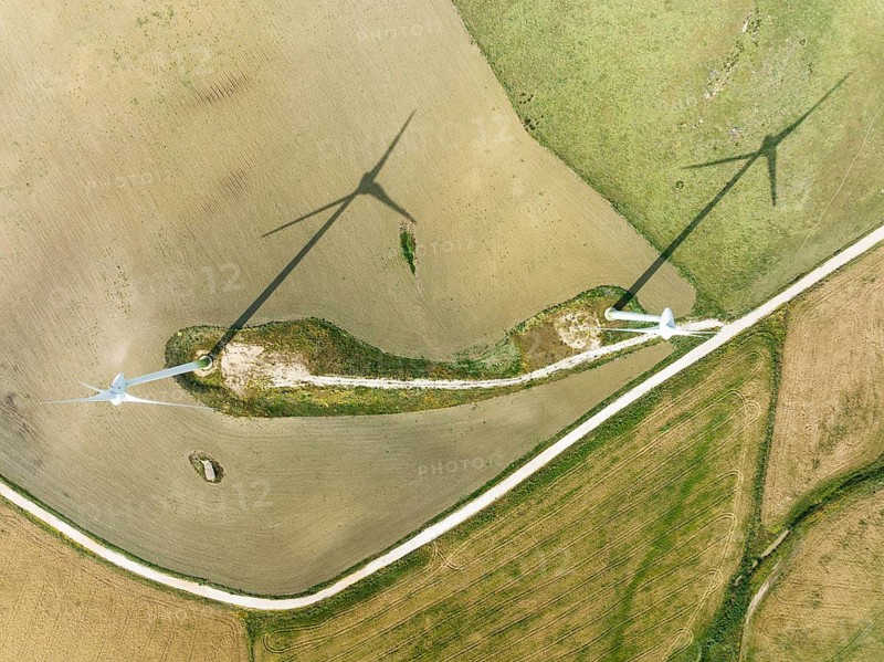 Windmills on a wind farm near Zahara de los Atunes, aerial view, drone shot, Cádiz province, Andalusia, Spain, Europe