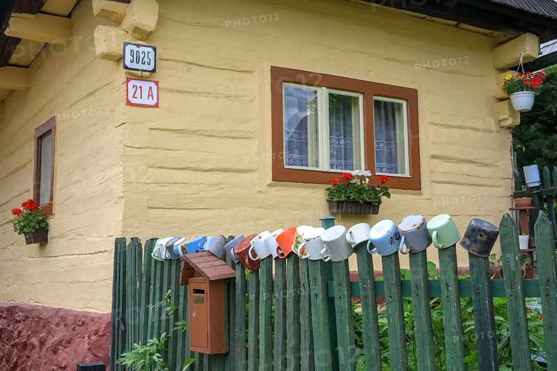 Colourfully painted wooden house in the village of Vlkolinec, Unesco World Heritage Site, Ružomberok, Žilinský kraj, Slovakia, Europe
