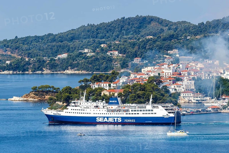 Seajets ferry and boats in the sea off the Mediterranean island of Skiathos, Greece, Europe
