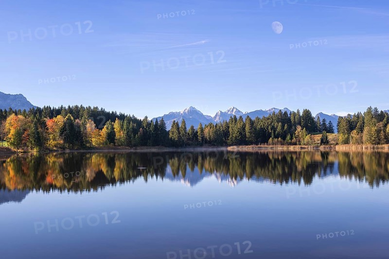 Photomontage, Hegratsrieder See near Füssen, moon, Allgäu Alps, Allgäu, Bavaria, Germany, Europe